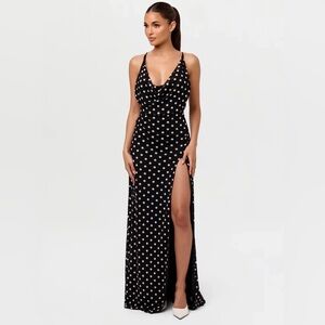 Naked Wardrobe Black and White Polka Dot Cowl Neck Maxi Dress with slit XL, NWT